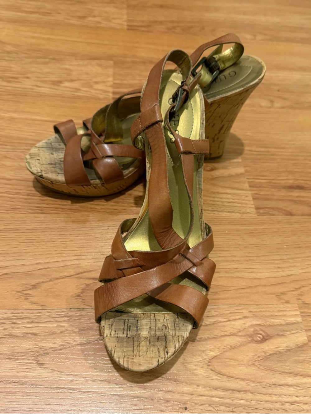 Wedding Guest Summer Strappy Brown Leather Cork Wedge Sandals